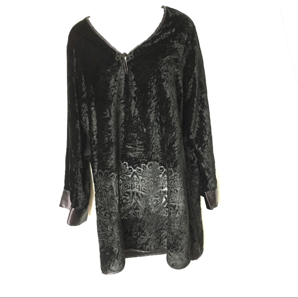 Velvet Burnout Tunic Top Black 3/4 Sleeve Blouse Shirt Size L Lined Bodice